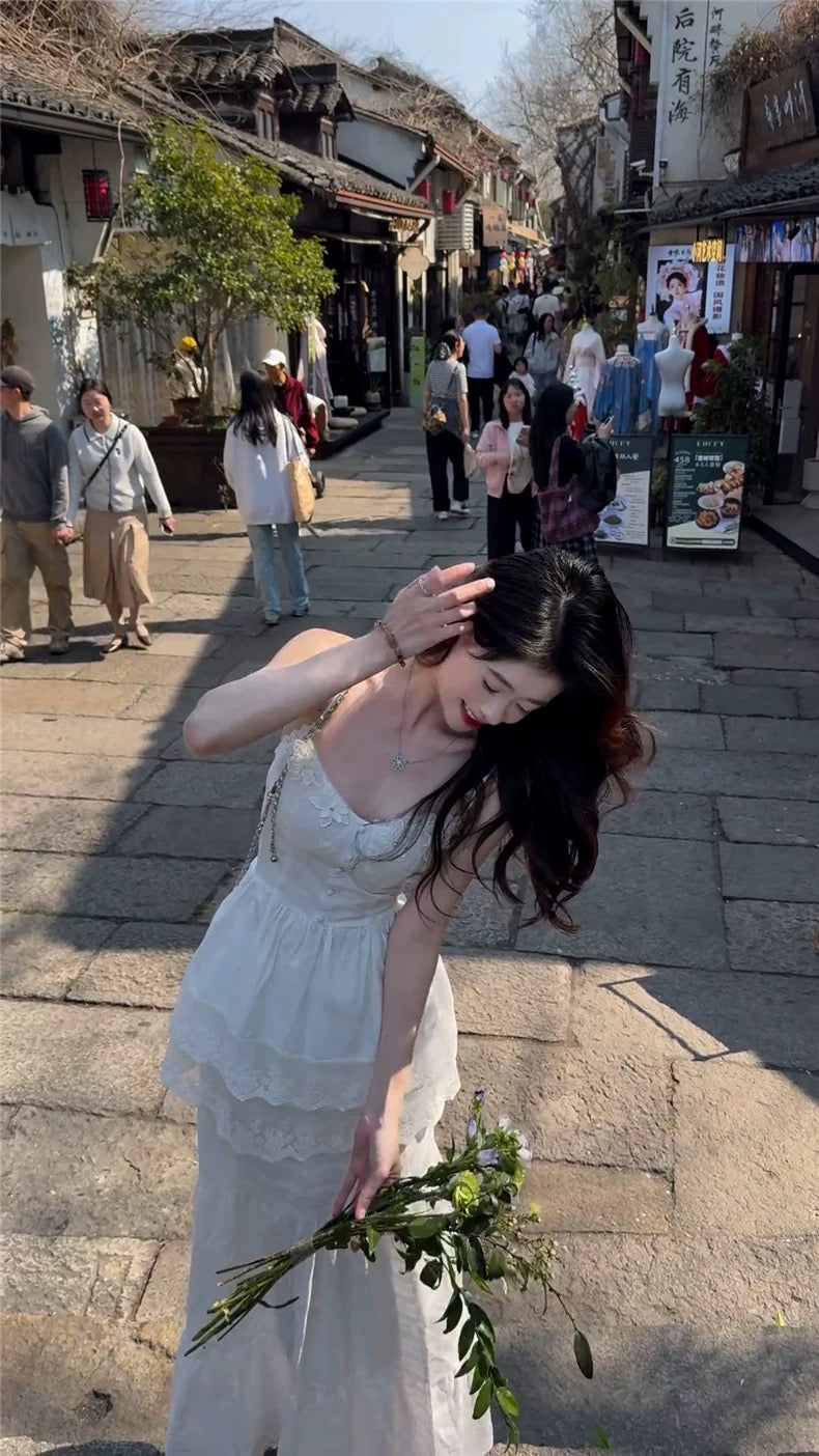 西西里漫花 白色吊带连衣裙/半身裙套装   Sicilian Floral Bloom White Camisole Dress / Two-Piece Skirt Set