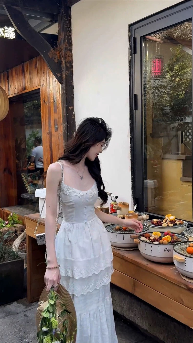 西西里漫花 白色吊带连衣裙/半身裙套装   Sicilian Floral Bloom White Camisole Dress / Two-Piece Skirt Set