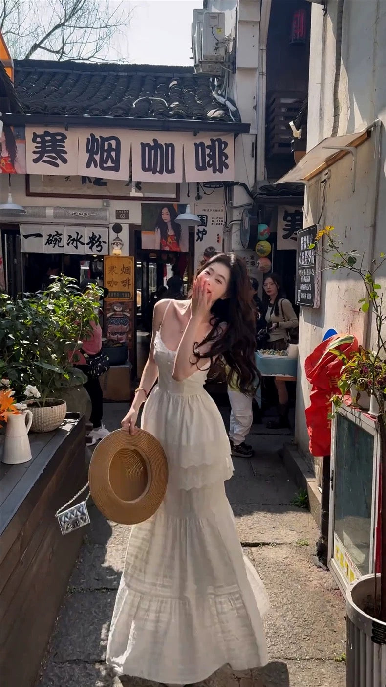 西西里漫花 白色吊带连衣裙/半身裙套装   Sicilian Floral Bloom White Camisole Dress / Two-Piece Skirt Set