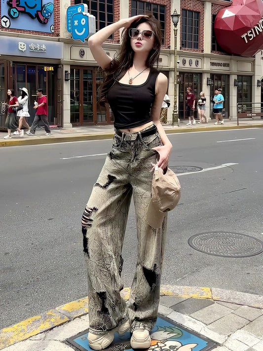 炽热猫咪 背心上衣复古破洞牛仔套装 Hot Kitty Tank Top & Vintage Distressed Denim Set