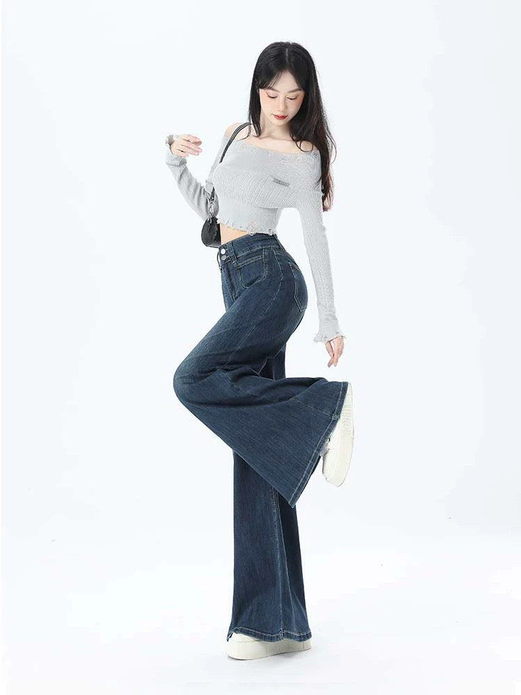 阔腿牛仔 高腰显瘦宽松的直筒喇叭牛仔裤 Wide-Leg High-Waisted Flared Jeans – Loose Fit and Slimming Straight Cut
