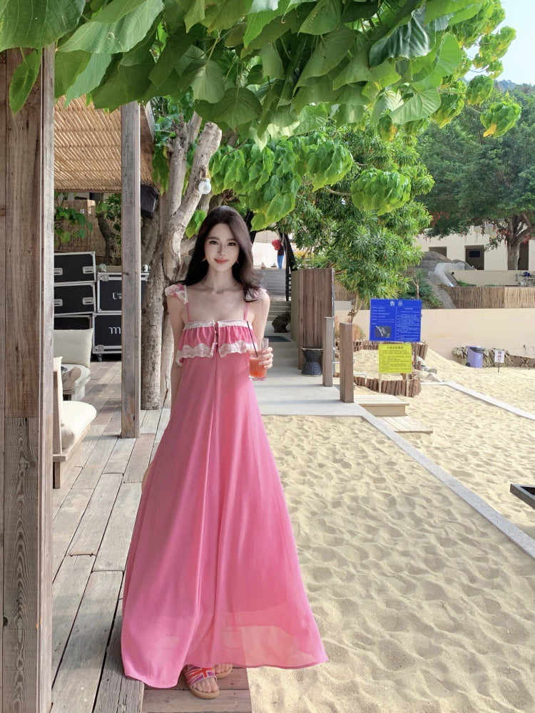 粉紫雪纺 蕾丝花边度假风性感连衣裙 Mauve Pink Chiffon Lace-Up Sexy Flowy Maxi Dress