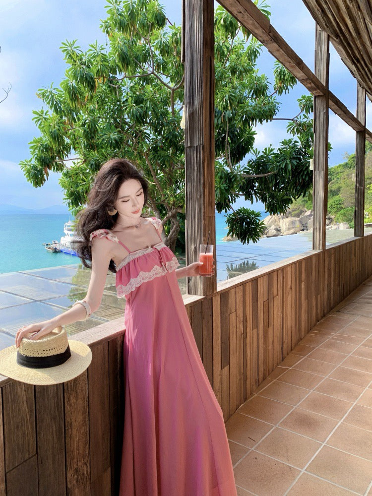 粉紫雪纺 蕾丝花边度假风性感连衣裙 Mauve Pink Chiffon Lace-Up Sexy Flowy Maxi Dress