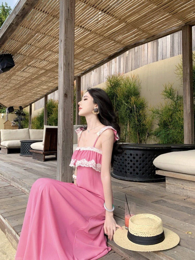 粉紫雪纺 蕾丝花边度假风性感连衣裙 Mauve Pink Chiffon Lace-Up Sexy Flowy Maxi Dress