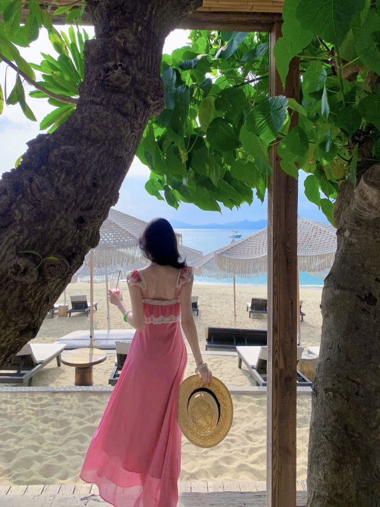 粉紫雪纺 蕾丝花边度假风性感连衣裙 Mauve Pink Chiffon Lace-Up Sexy Flowy Maxi Dress