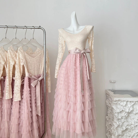 粉荔漫舞 法式蕾丝蓬松蛋糕连衣裙 Pink Lychee Waltz French Lace Puffy Tiered Dress