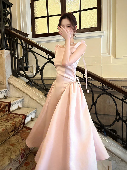 天鹅湖畔 法式缎面粉色蝴蝶结连衣裙 Swan Lake french satin pink bow dress
