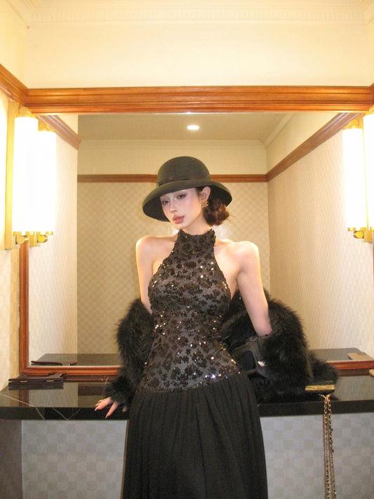 暗夜缪斯 黑色亮片露背连衣裙 Dark Night Muse Black Sequin Backless Dress