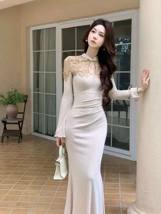 弯弯的月 新中式刺绣鱼尾裙旗袍连衣裙 Crescent Moon New-Style Embroidered Mermaid Qipao Dress