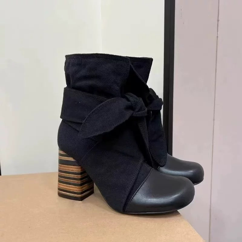 小羊皮圆头粗跟绑带短靴女鞋 Lambleather Round-Toe Chunky-Heel Lace-Up Ankle Boots