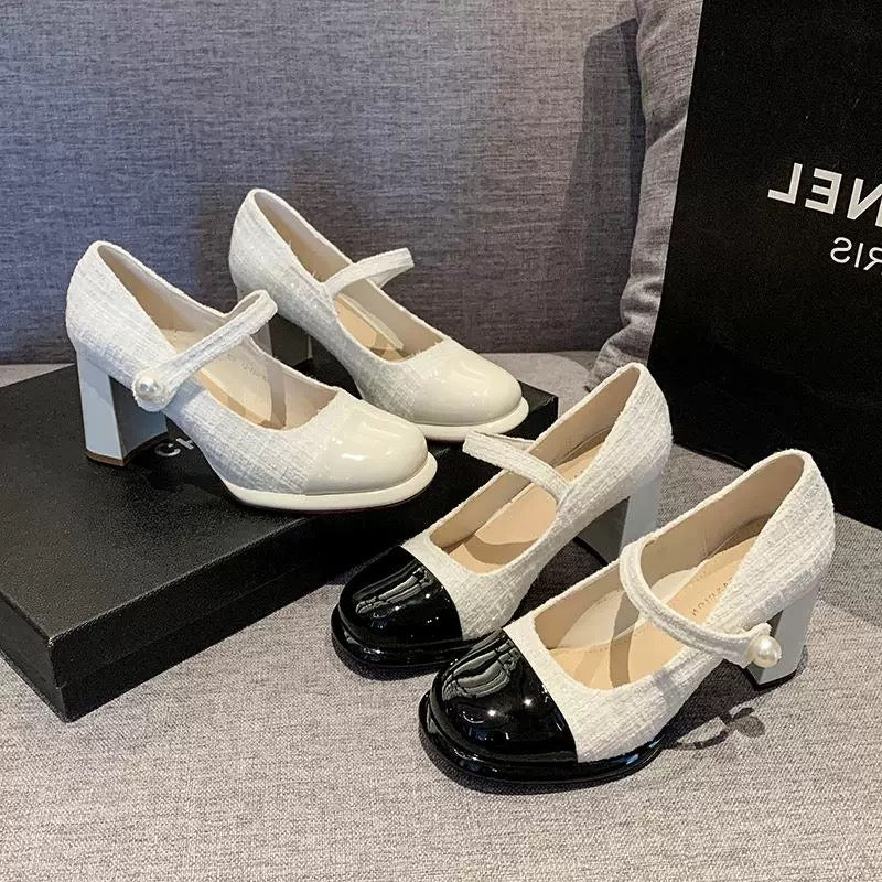 小香风玛丽珍鞋粗跟增高高跟鞋 Chanel-Style Mary Jane Chunky-Heel Platform Heels