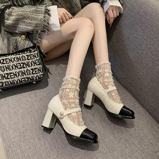 小香风玛丽珍鞋粗跟增高高跟鞋 Chanel-Style Mary Jane Chunky-Heel Platform Heels