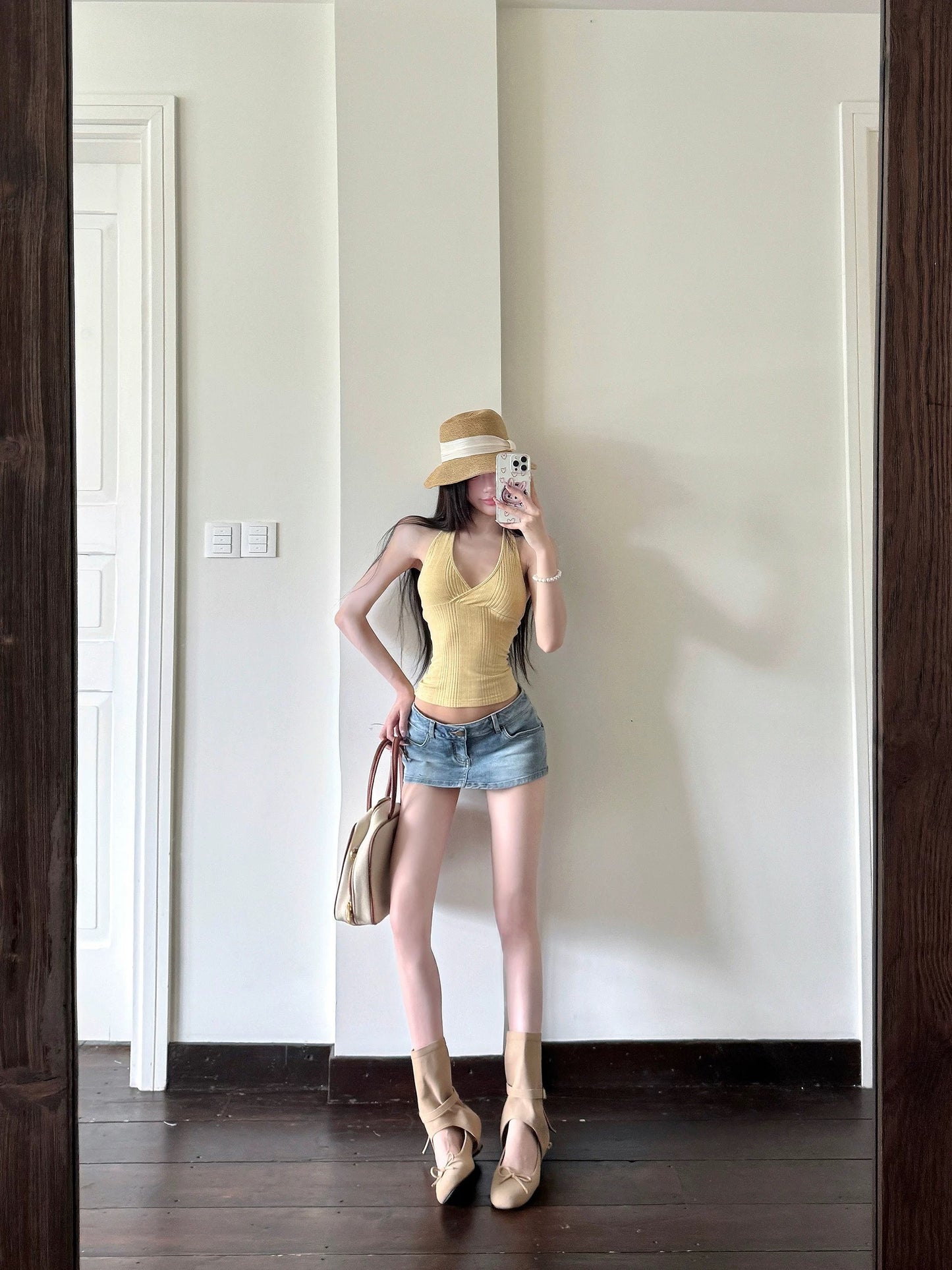 蜂蜜甜心 针织挂脖无袖背心上衣 Honey Sweetheart Knitted Halter Sleeveless Tank Top