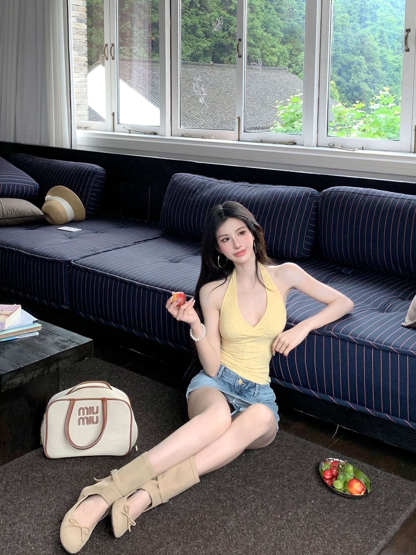 蜂蜜甜心 针织挂脖无袖背心上衣 Honey Sweetheart Knitted Halter Sleeveless Tank Top
