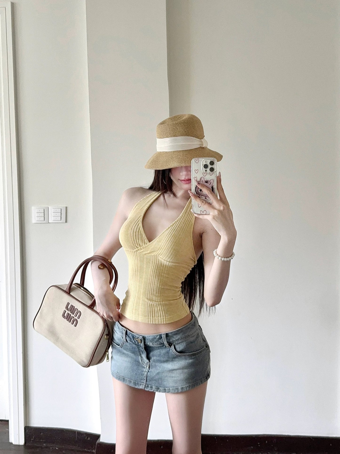 蜂蜜甜心 针织挂脖无袖背心上衣 Honey Sweetheart Knitted Halter Sleeveless Tank Top