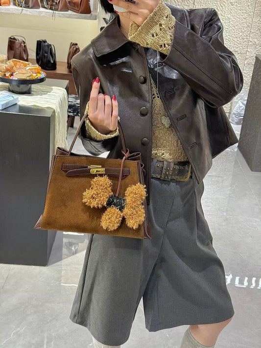 高品质磨砂真皮拼接手提凯莉包(仅10个) High-Quality Matte Genuine Leather Patchwork Top-Handle Kelly Bag (Only 10 Available)