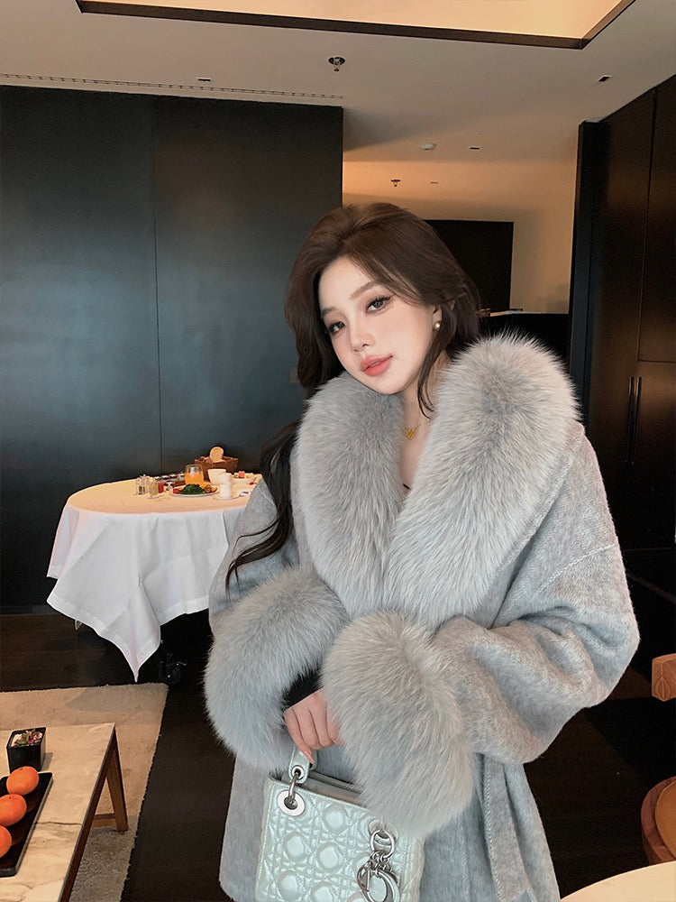 月影恋人 灰色双面呢羊绒狐狸毛皮草外套 Moon Shadow Lover Grey Reversible Wool-Cashmere Coat with Fox Fur Trim