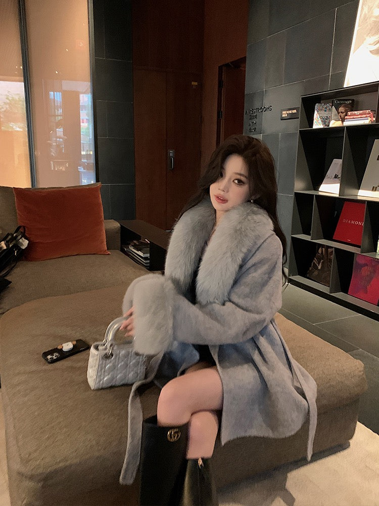 月影恋人 灰色双面呢羊绒狐狸毛皮草外套 Moon Shadow Lover Grey Reversible Wool-Cashmere Coat with Fox Fur Trim