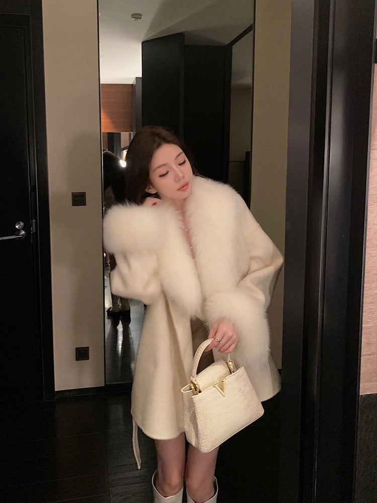 月影恋人 灰色双面呢羊绒狐狸毛皮草外套 Moon Shadow Lover Grey Reversible Wool-Cashmere Coat with Fox Fur Trim