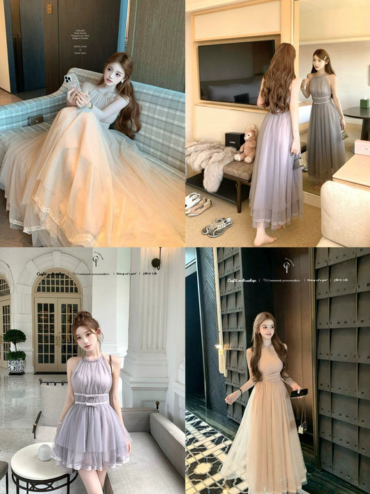 Sorbet微醺 裸粉雾紫色挂脖不规则连衣裙 Sorbet Tipsy Halter Neck Asymmetrical Dress in Nude Pink and Misty Purple