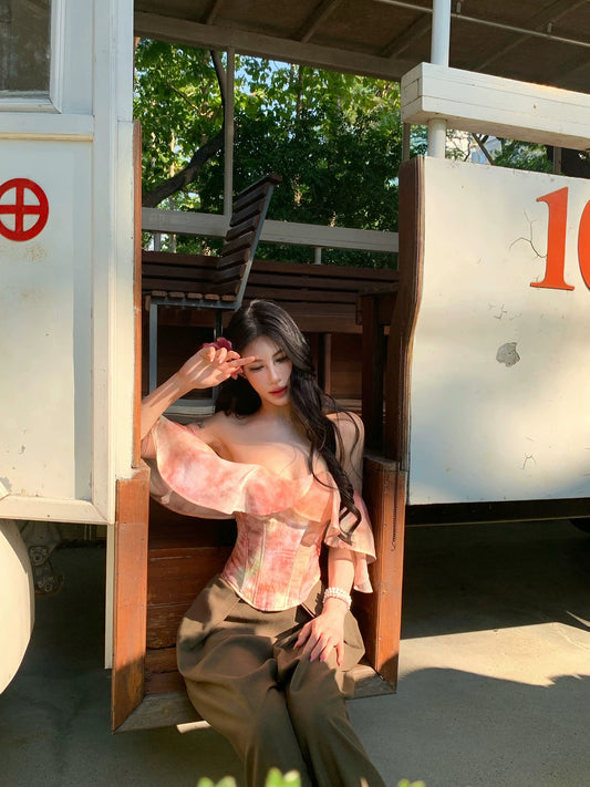 花海 法式性感荷叶边一字肩上衣 Floral Print French Chic Off-the-Shoulder Ruffle Top