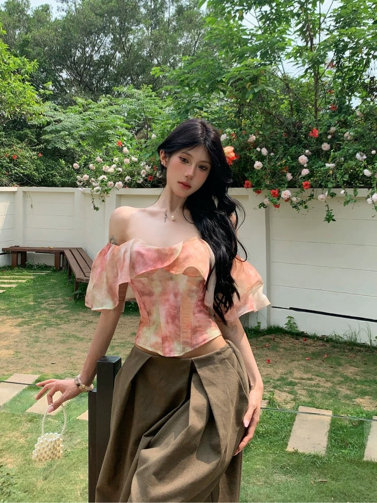 花海 法式性感荷叶边一字肩上衣 Floral Print French Chic Off-the-Shoulder Ruffle Top