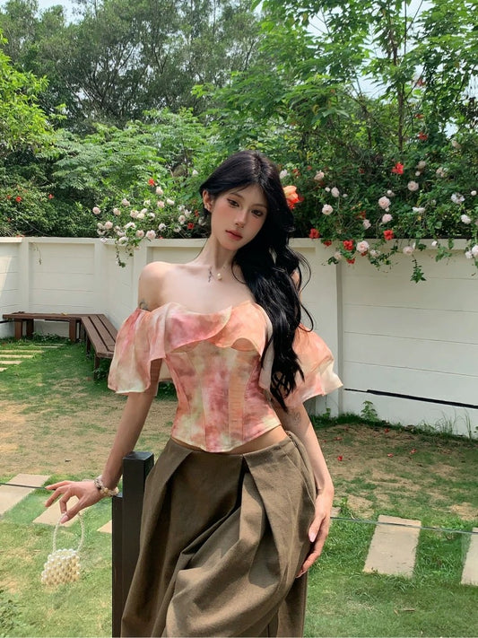 花海 法式性感荷叶边一字肩上衣 Floral Print French Chic Off-the-Shoulder Ruffle Top