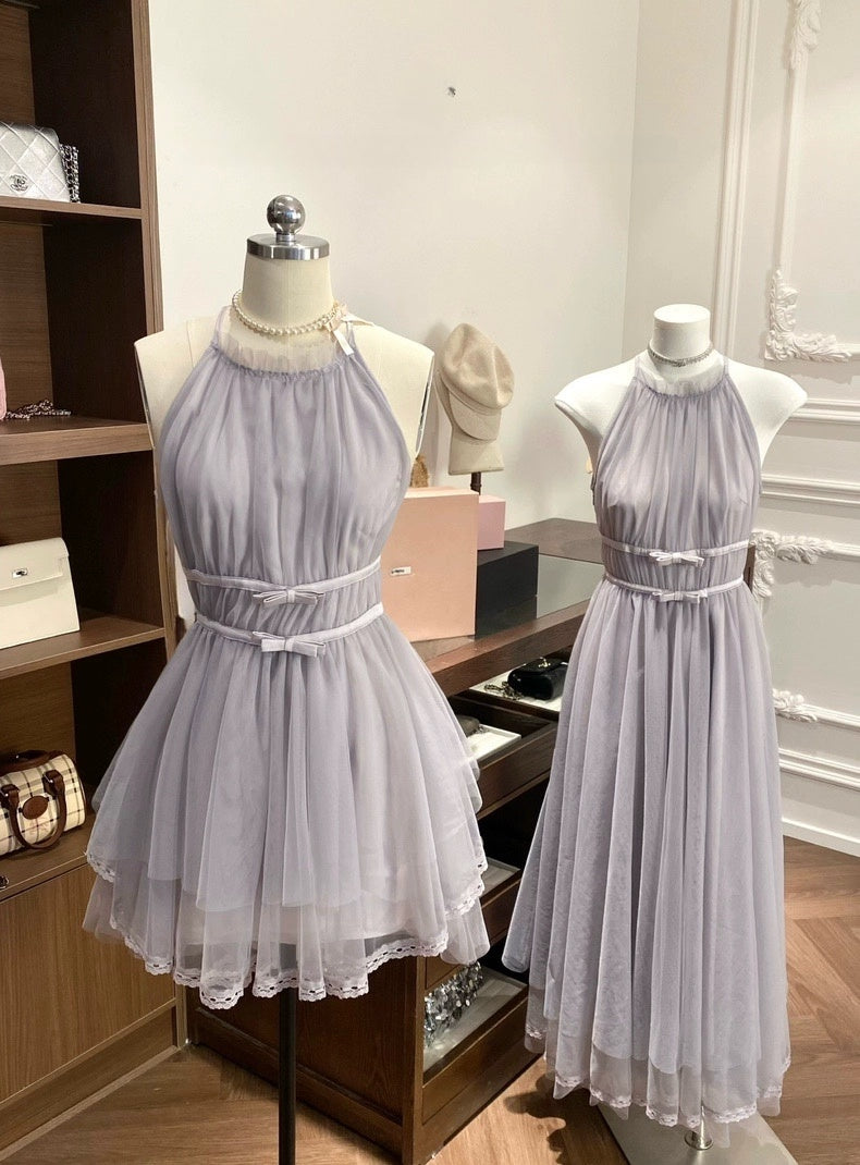 Sorbet微醺 裸粉雾紫色挂脖不规则连衣裙 Sorbet Tipsy Halter Neck Asymmetrical Dress in Nude Pink and Misty Purple