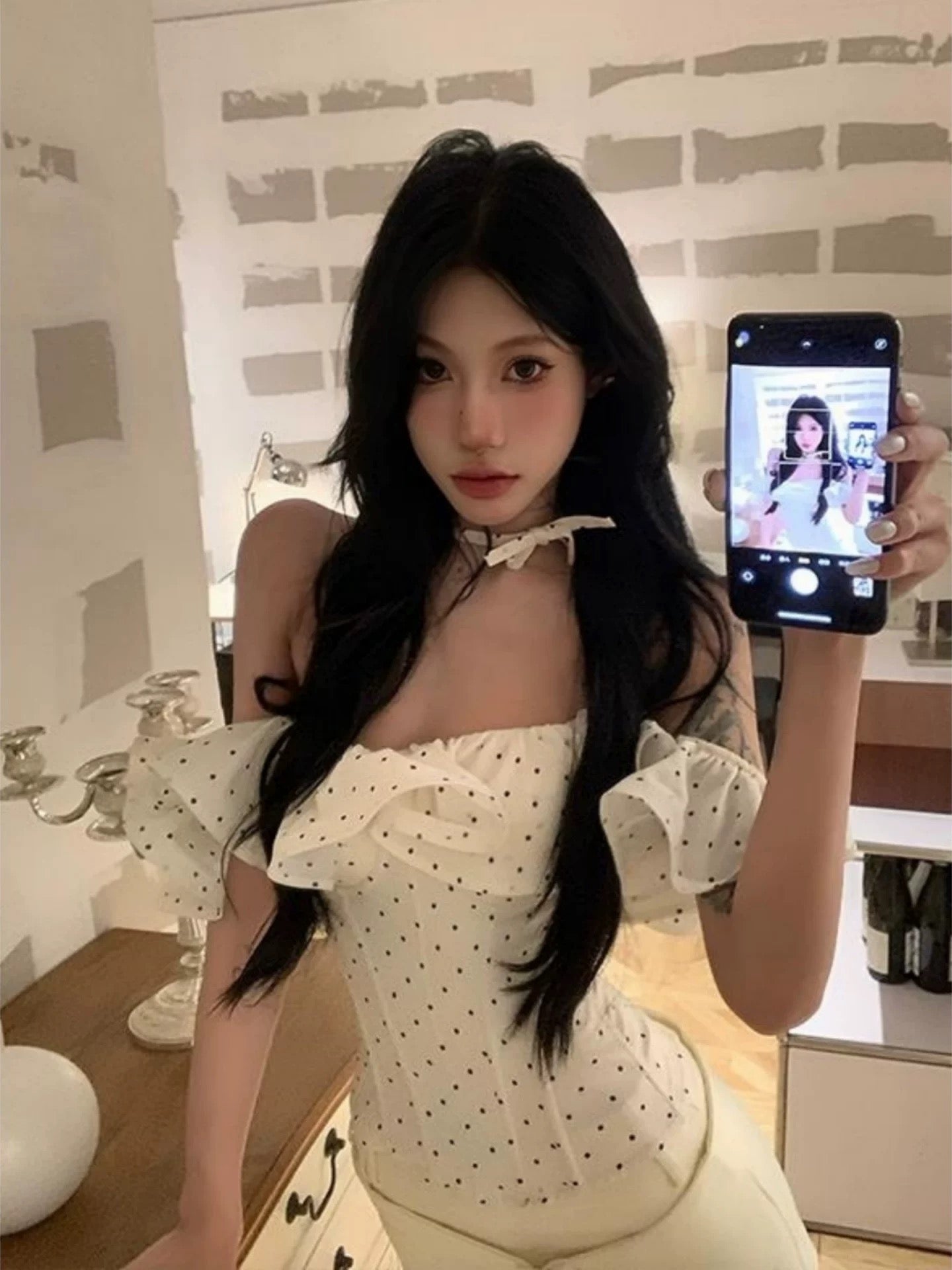 黑糖波霸 波点一字肩鱼骨抹胸上衣 Brown Sugar Boba Polka Dot Off-the-Shoulder Corset Top