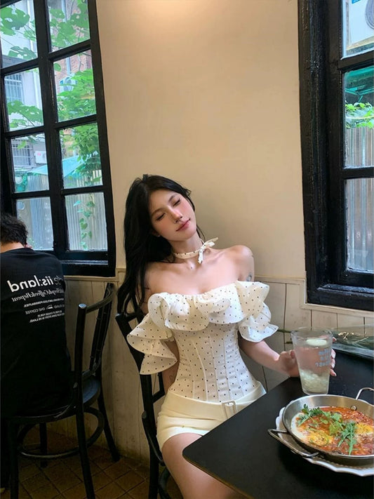 黑糖波霸 波点一字肩鱼骨抹胸上衣 Brown Sugar Boba Polka Dot Off-the-Shoulder Corset Top