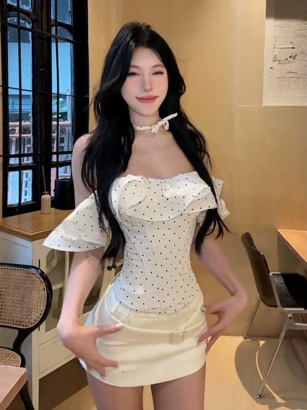 黑糖波霸 波点一字肩鱼骨抹胸上衣 Brown Sugar Boba Polka Dot Off-the-Shoulder Corset Top