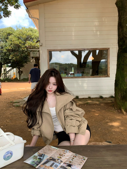 秋季英伦风 立领短款韩系风衣外套 London Weekend Chic Cinched-Waist Trench Coat