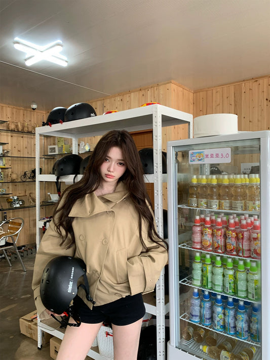 秋季英伦风 立领短款韩系风衣外套 London Weekend Chic Cinched-Waist Trench Coat