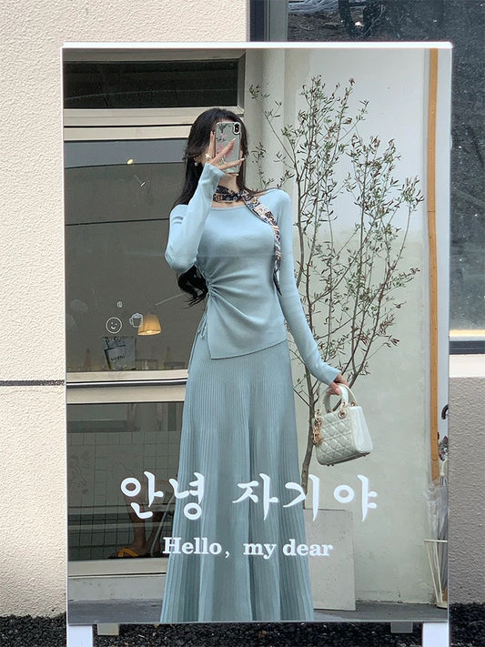 安娜假日 粉色针织衬衫半身裙套装 Anna Holiday Pink Knit Top and Skirt Set