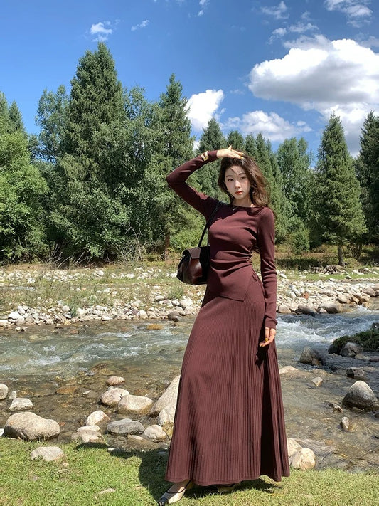 安娜假日 粉色针织衬衫半身裙套装 Anna Holiday Pink Knit Top and Skirt Set