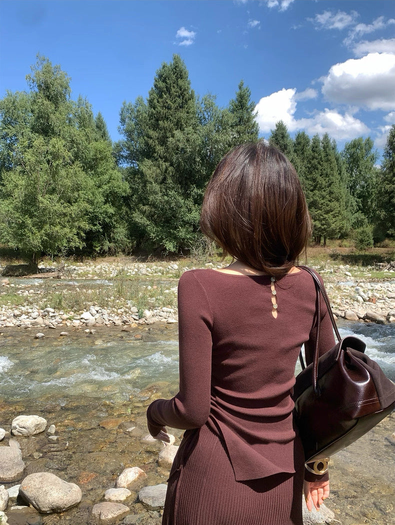 安娜假日 粉色针织衬衫半身裙套装 Anna Holiday Pink Knit Top and Skirt Set