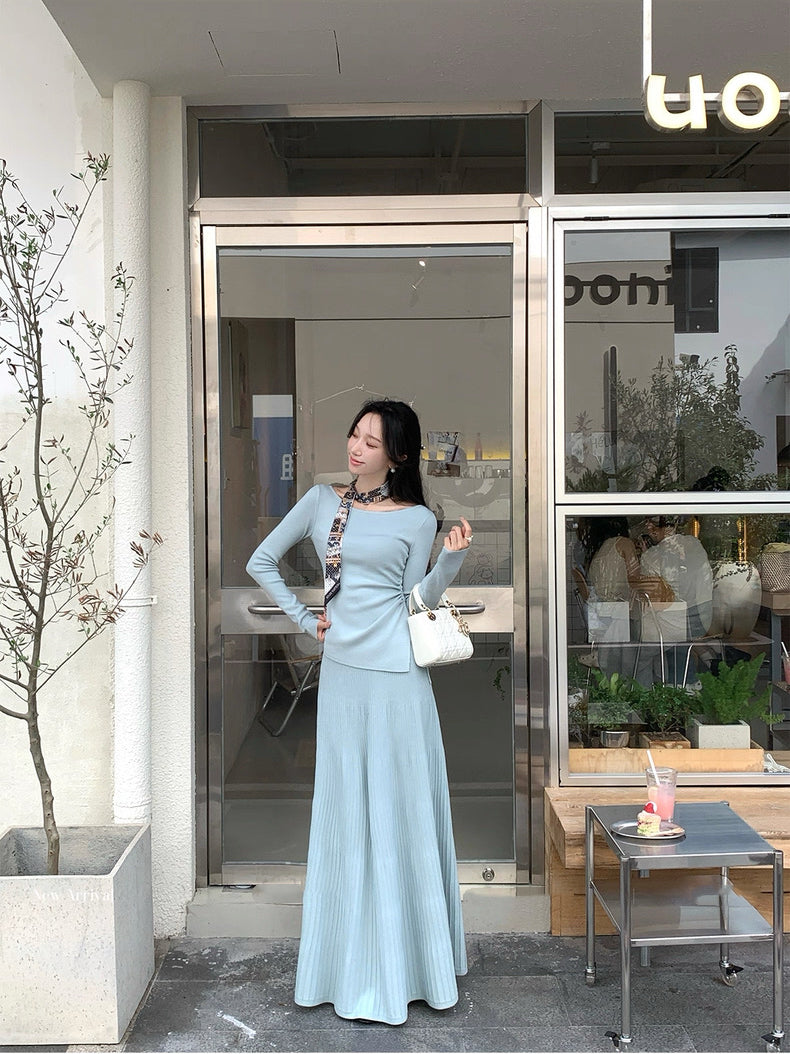 安娜假日 粉色针织衬衫半身裙套装 Anna Holiday Pink Knit Top and Skirt Set