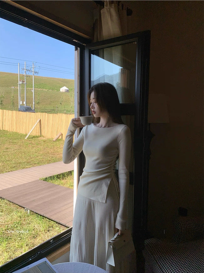 安娜假日 粉色针织衬衫半身裙套装 Anna Holiday Pink Knit Top and Skirt Set