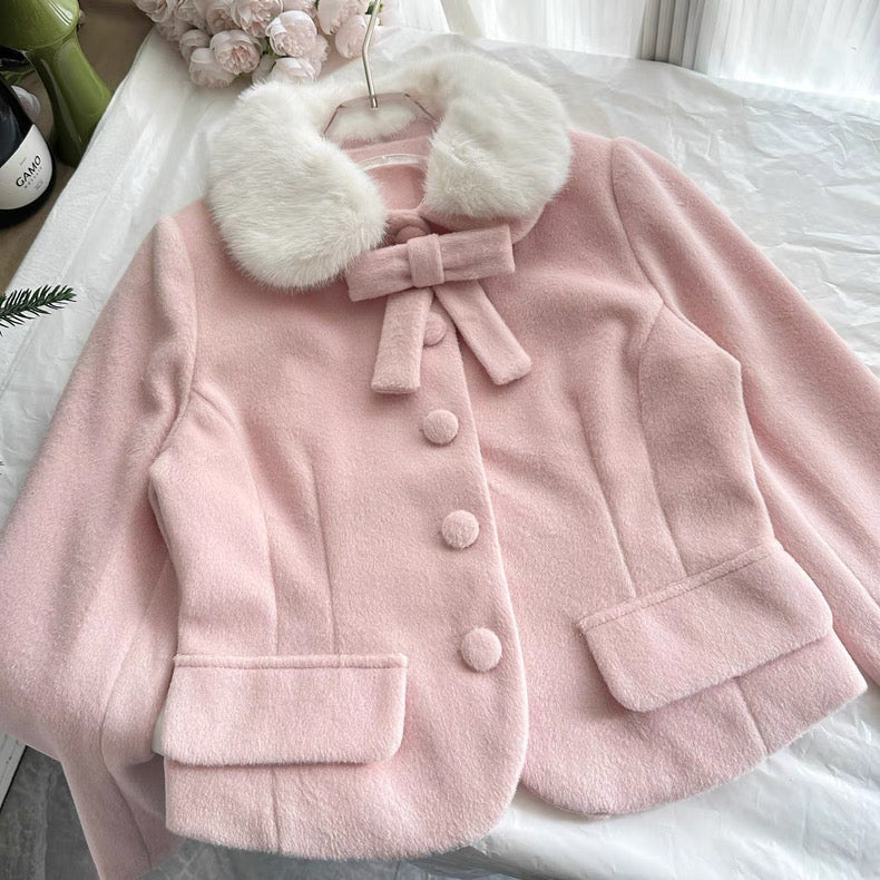 炸鸡欧尼 粉色毛呢外套高腰a字半身裙套装 Pink woolen coat and high-waisted A-line skirt set