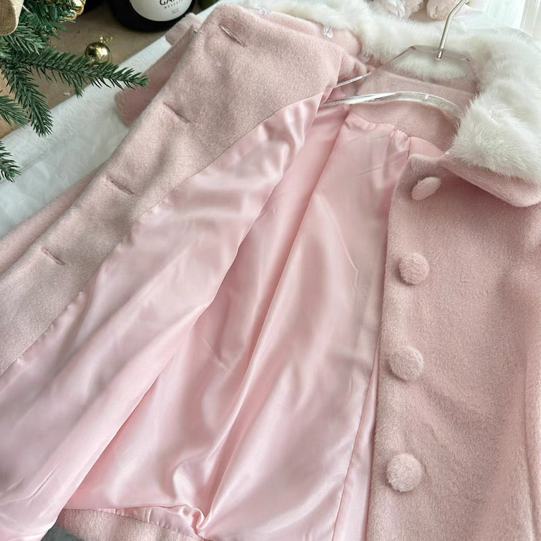 炸鸡欧尼 粉色毛呢外套高腰a字半身裙套装 Pink woolen coat and high-waisted A-line skirt set
