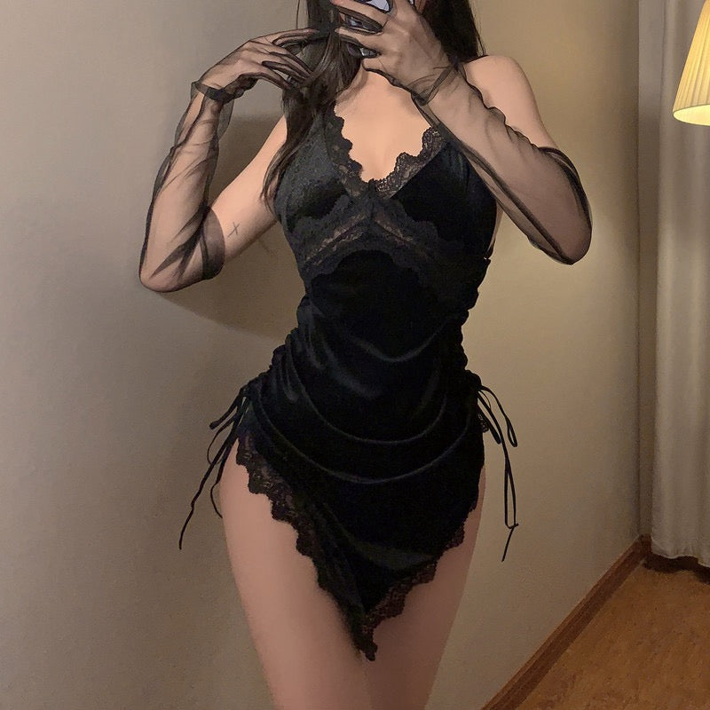 圣诞夜彩蛋 丝绒不规则设计性感睡裙短裙 Christmas Night Collection Velvet Asymmetric Sexy Sleep Dress Mini Dress