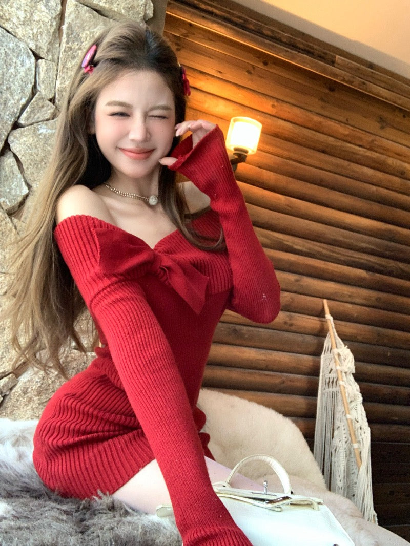 圣诞红彤彤 一字肩蝴蝶结显身材针织连衣裙 Red Off-Shoulder Bow Knit Bodycon Dress – Christmas Style