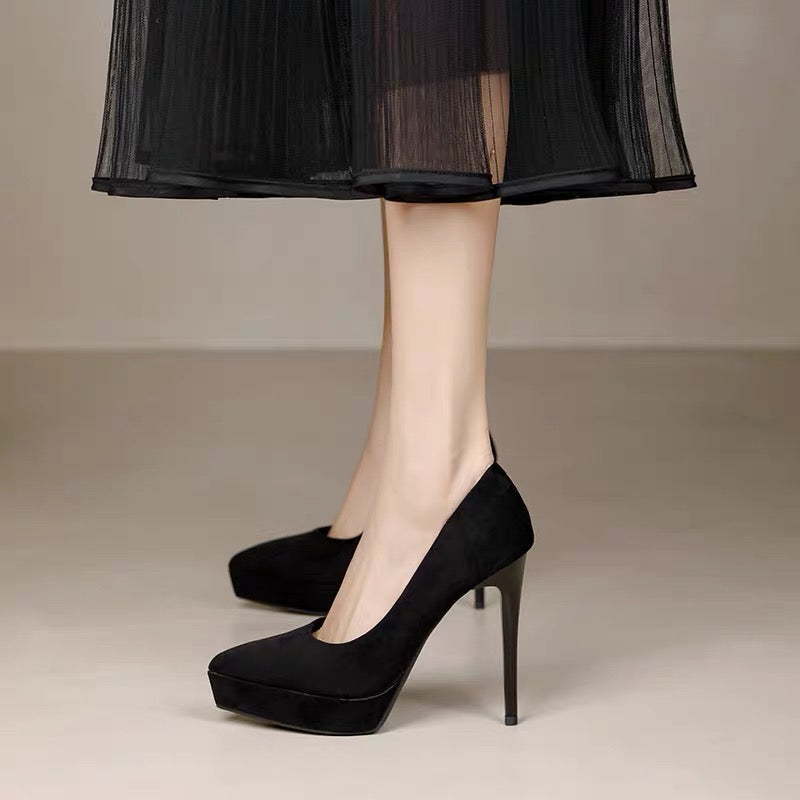 绒面细跟性感防水台黑色高跟鞋 Black Suede Sexy Stiletto Platform Heels