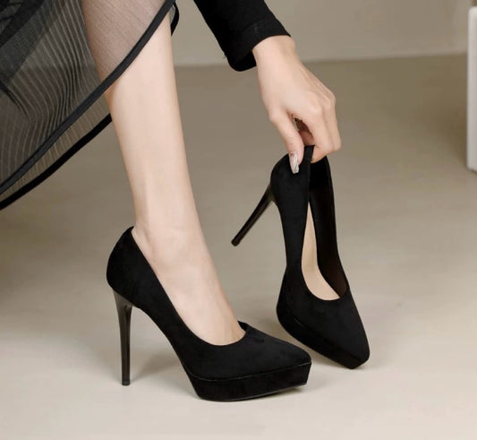 绒面细跟性感防水台黑色高跟鞋 Black Suede Sexy Stiletto Platform Heels