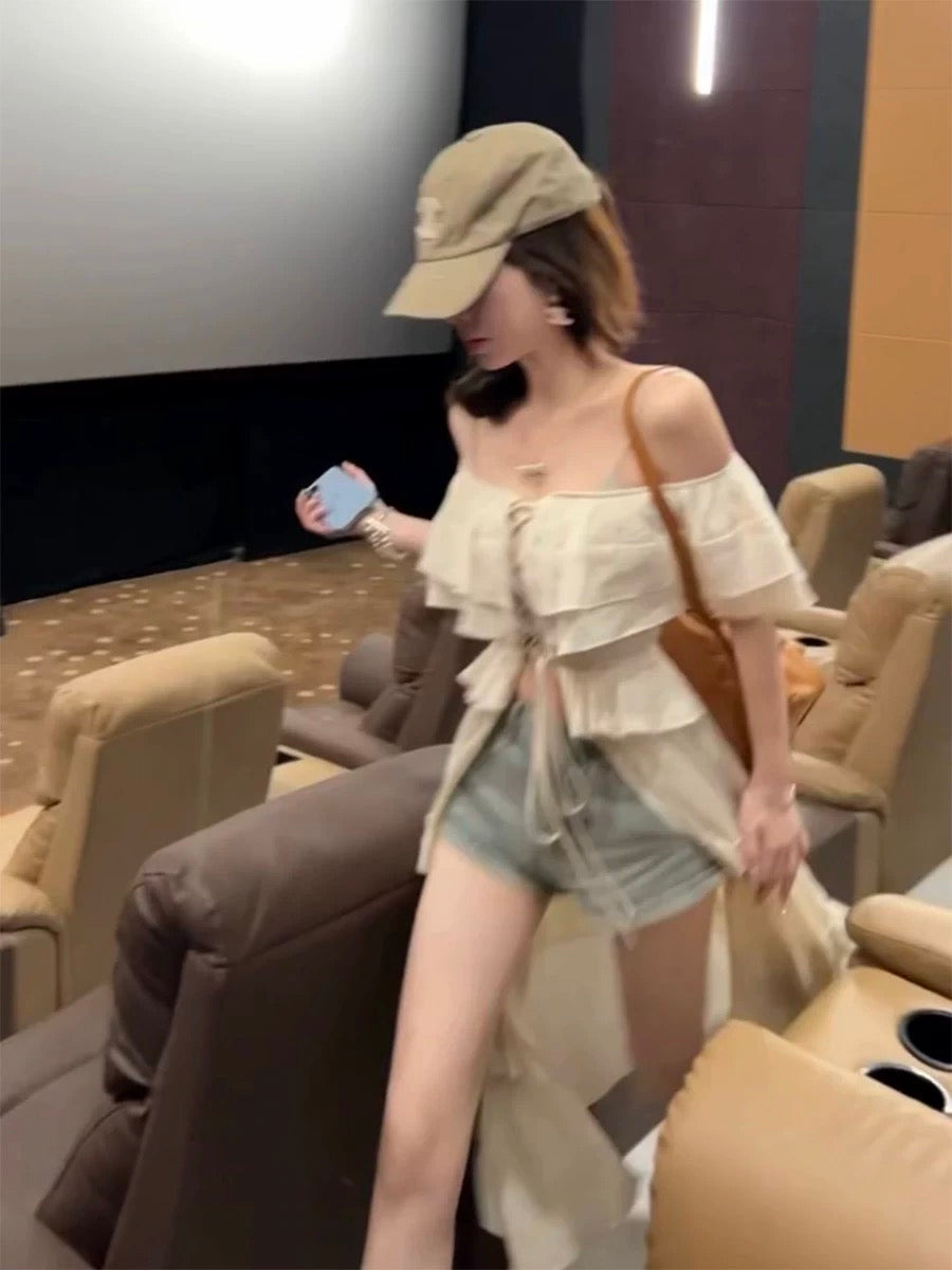 琴心细语 法式一字肩绑带收腰开衫/短裤 French Off-the-Shoulder Belted Waist Cardigan/Shorts