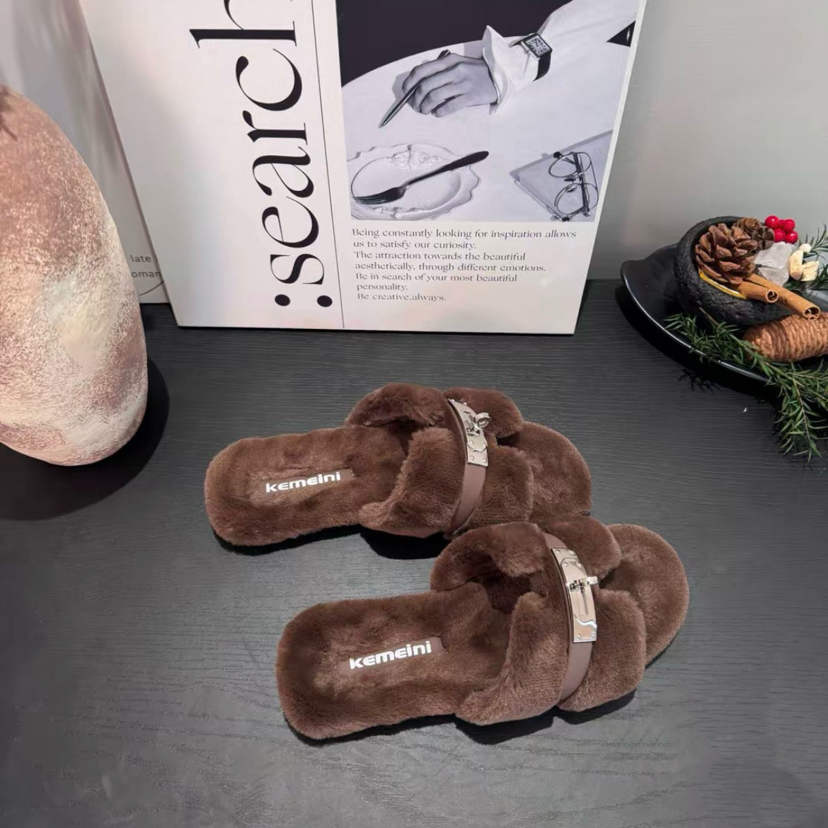 极简主义 金扣交叉毛毛一字拖 Minimalist Metal Buckle Criss-cross Faux Fur Slides