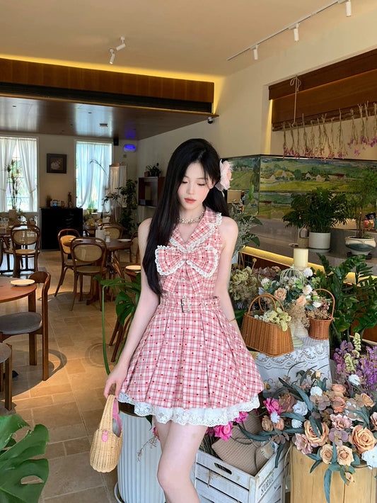 杨梅冰沙 甜美格纹百褶无袖连衣裙 Bayberry Slush Sweet Plaid Pleated Sleeveless Dress