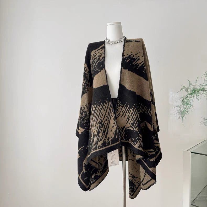 东方古早味 墨染黑驼色百搭披肩 Oriental Vintage-Inspired Ink-Dyed Black Camel Shawl