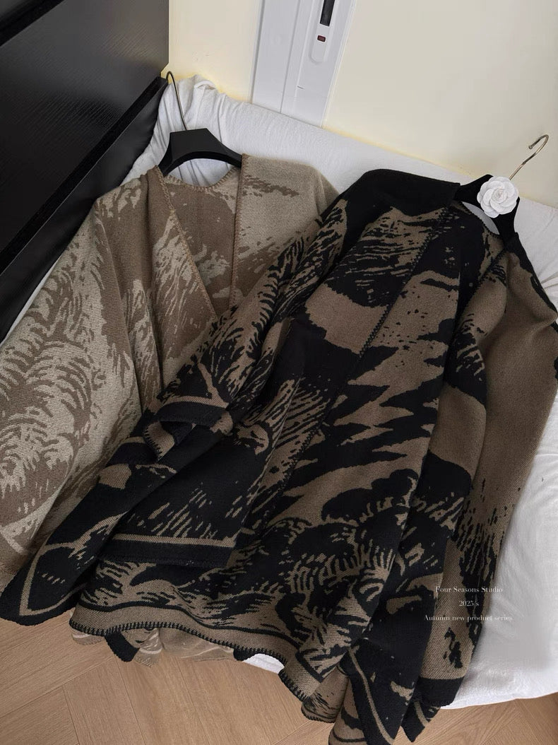 东方古早味 墨染黑驼色百搭披肩 Oriental Vintage-Inspired Ink-Dyed Black Camel Shawl