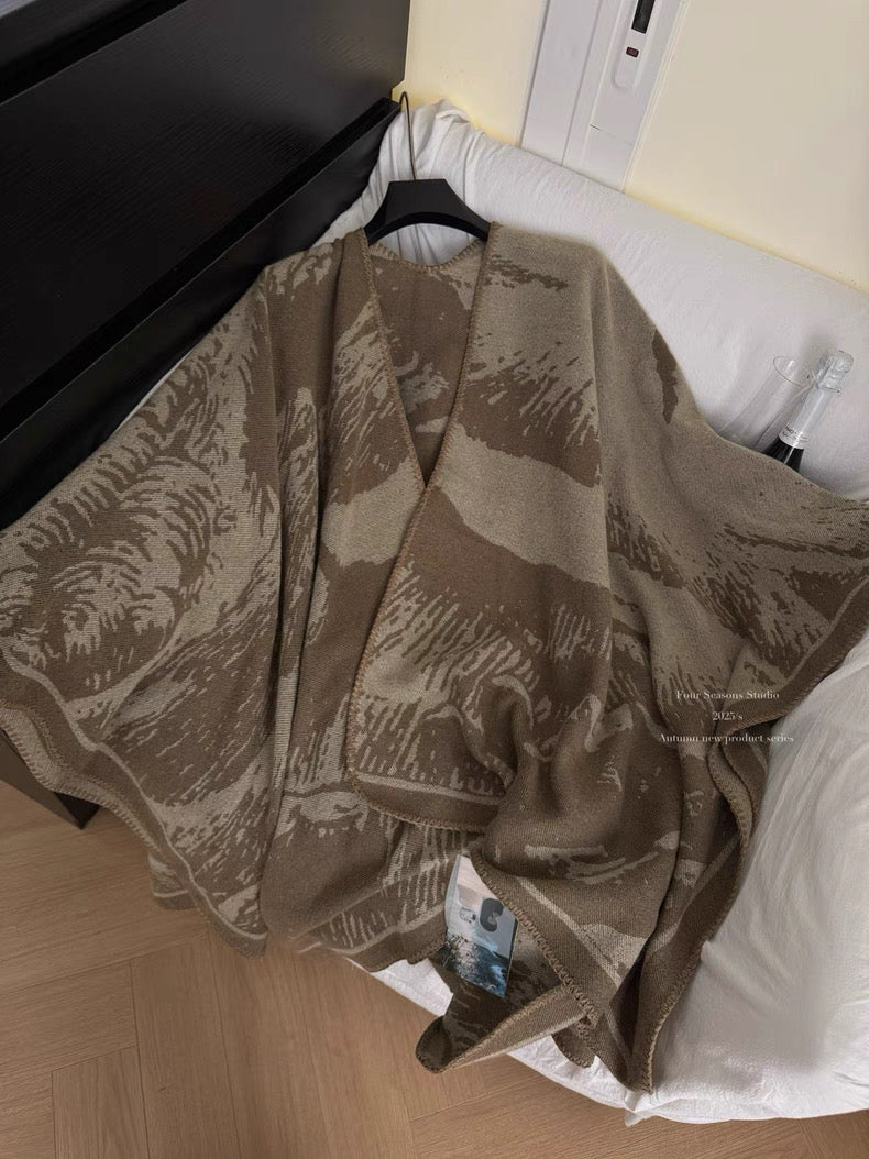 东方古早味 墨染黑驼色百搭披肩 Oriental Vintage-Inspired Ink-Dyed Black Camel Shawl